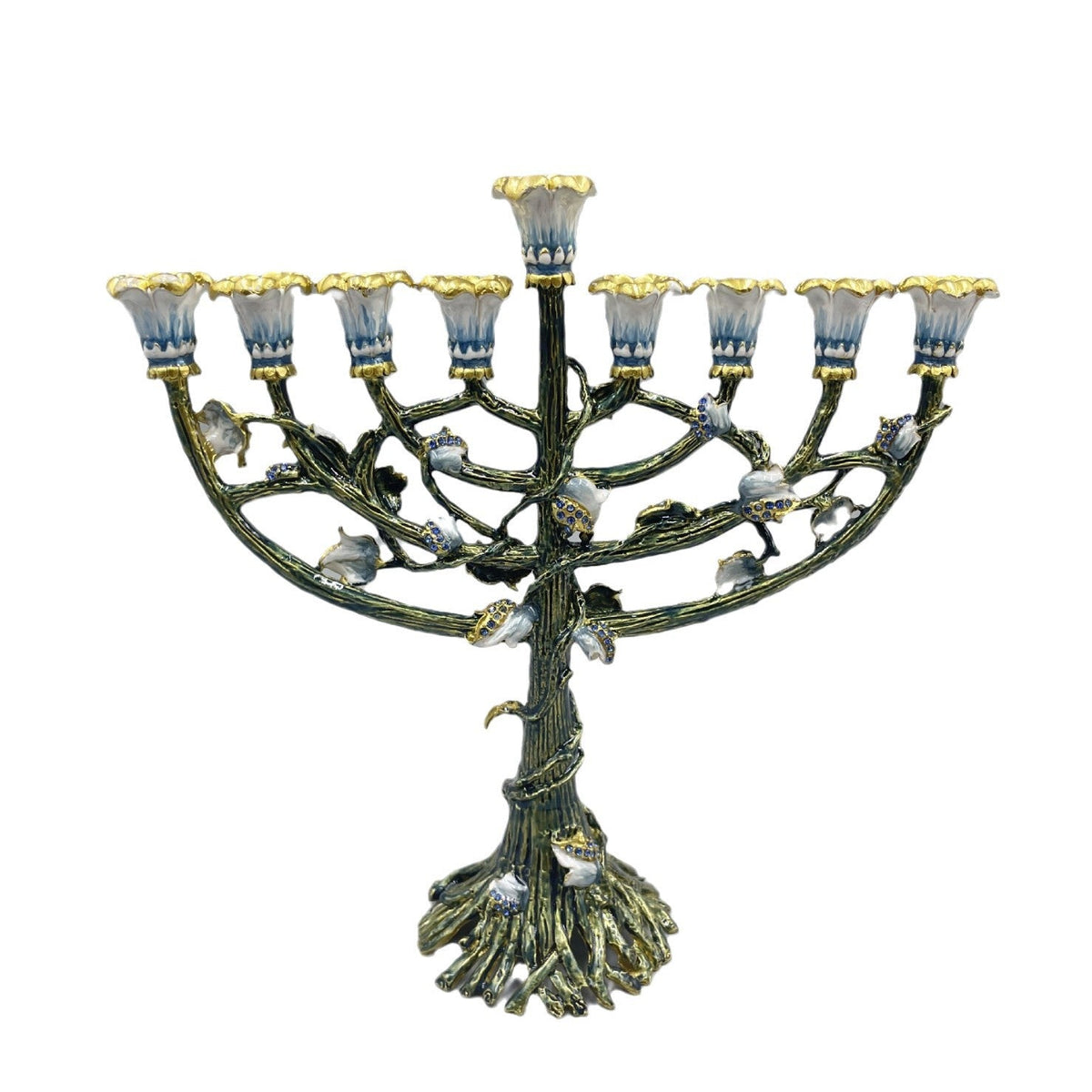 Designer Tree of Life Hanukkah Menorah, Green & Gold Enamel, 24 cm Tall