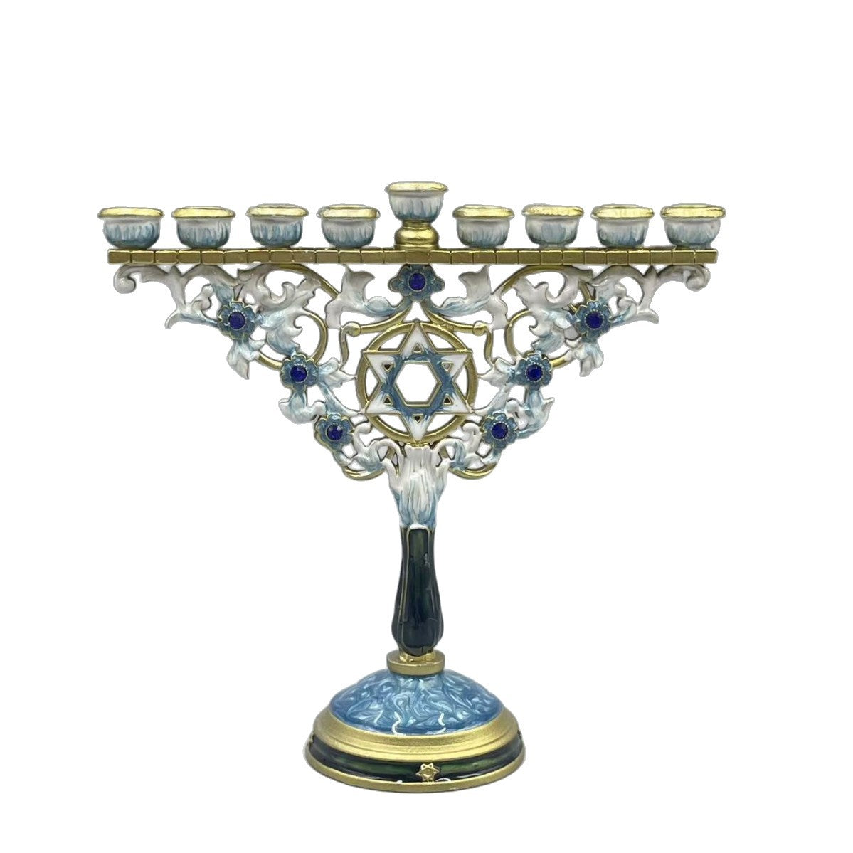 Designer White & Blue Enamel Hanukkah Menorah, Crystal Accents, 18 cm Tall