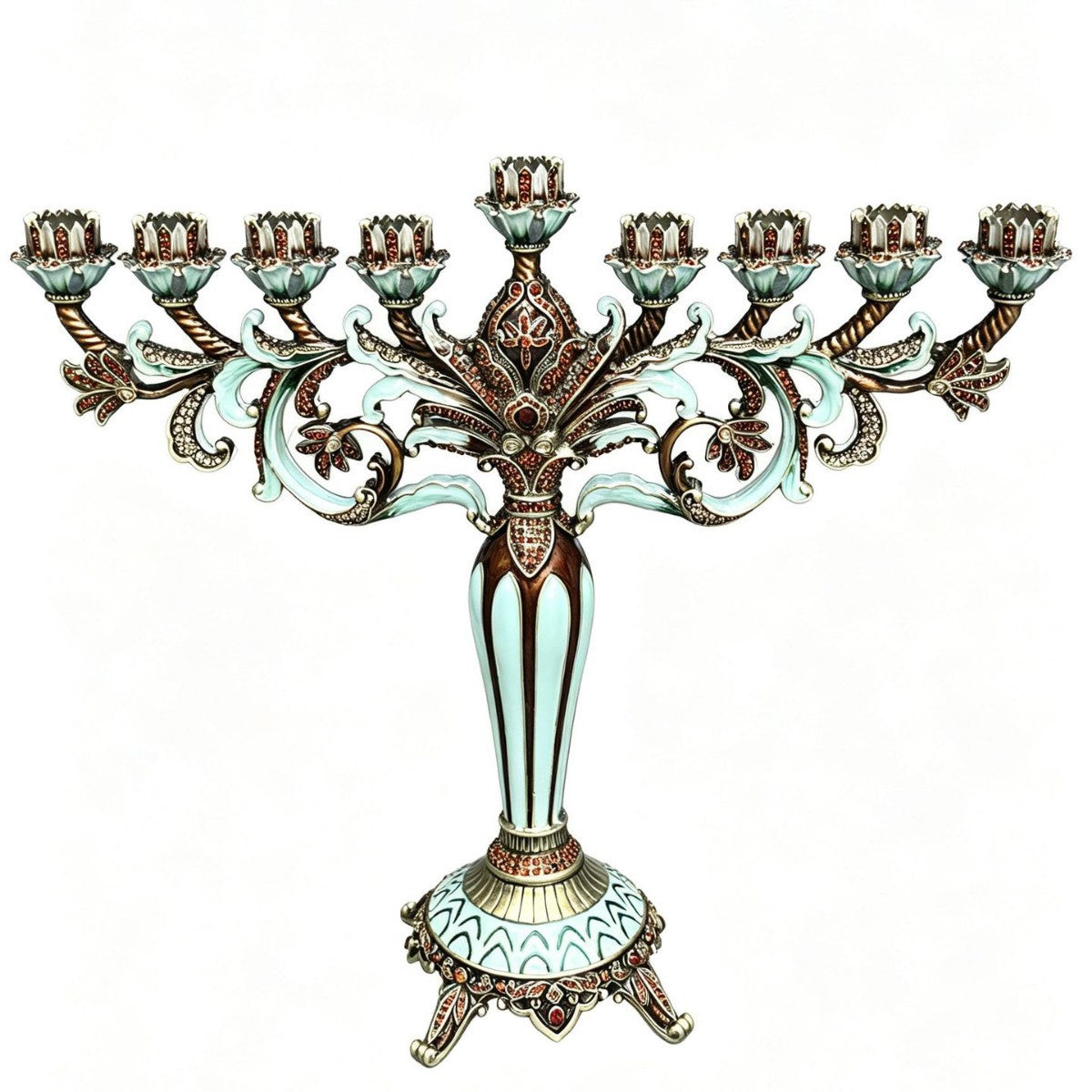 Grand Designer Hanukkah Menorah, Antique Copper & Mint Enamel, 36.5 cm Tall