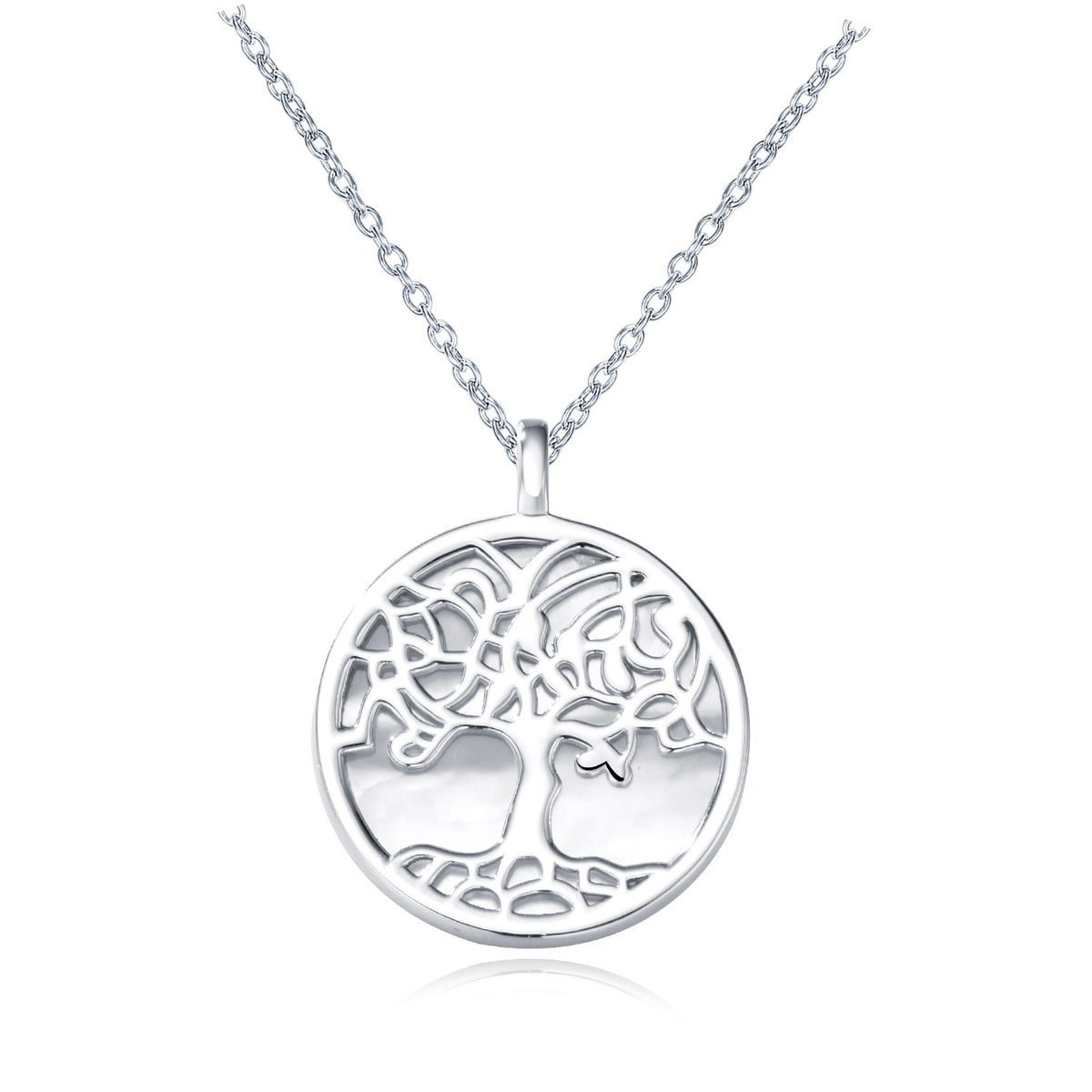 Tree of Life Necklace in 925 Sterling Silver, Shell Disc Pendant