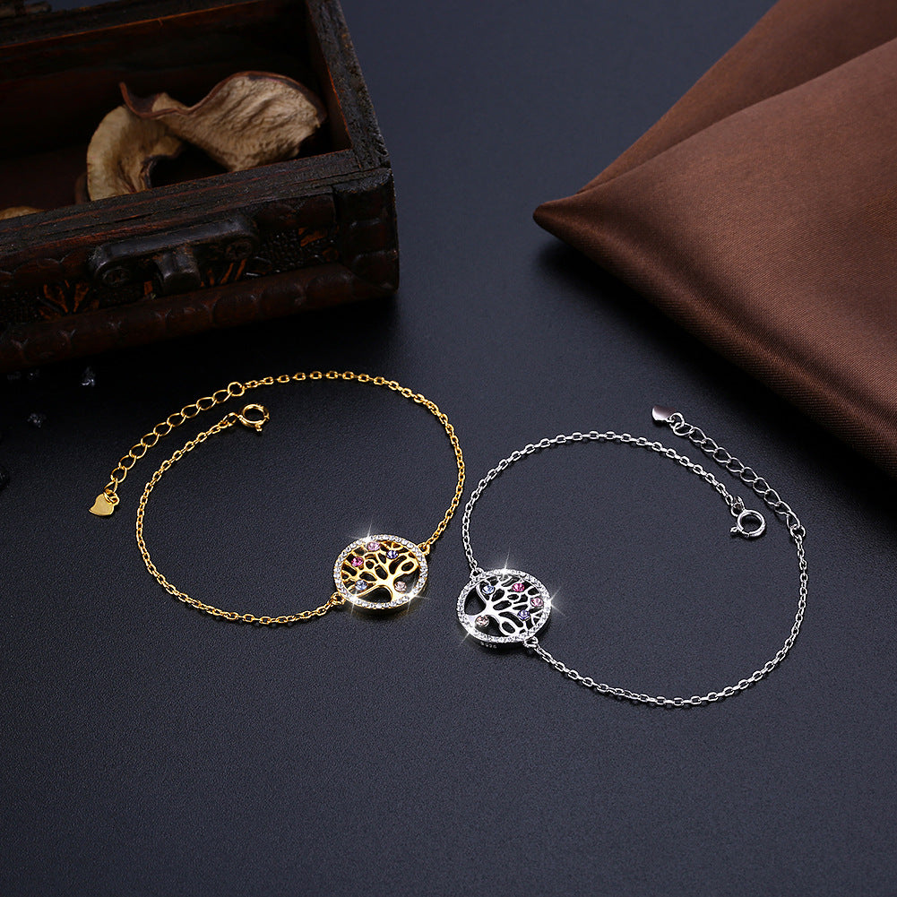 Tree of Life Bracelet with Colored Crystals in 925 Sterling Silver