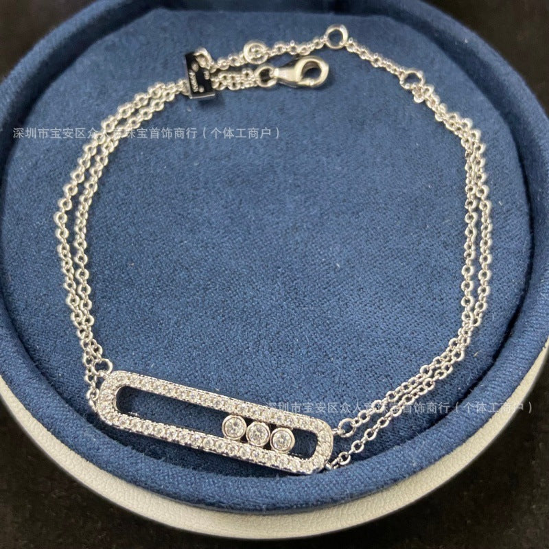 Sliding Bar Bracelet in 925 Sterling Silver, Double Chain