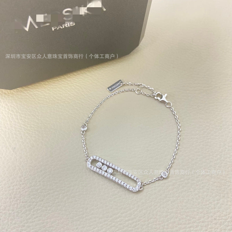 Sliding Bar Bracelet in 925 Sterling Silver, Double Chain