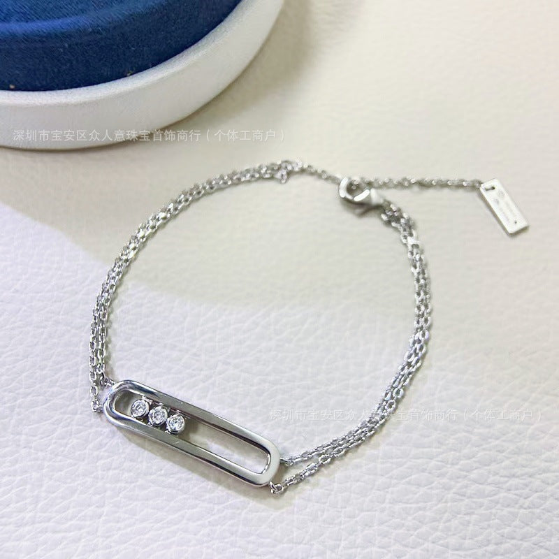 Sliding Bar Bracelet in 925 Sterling Silver, Double Chain