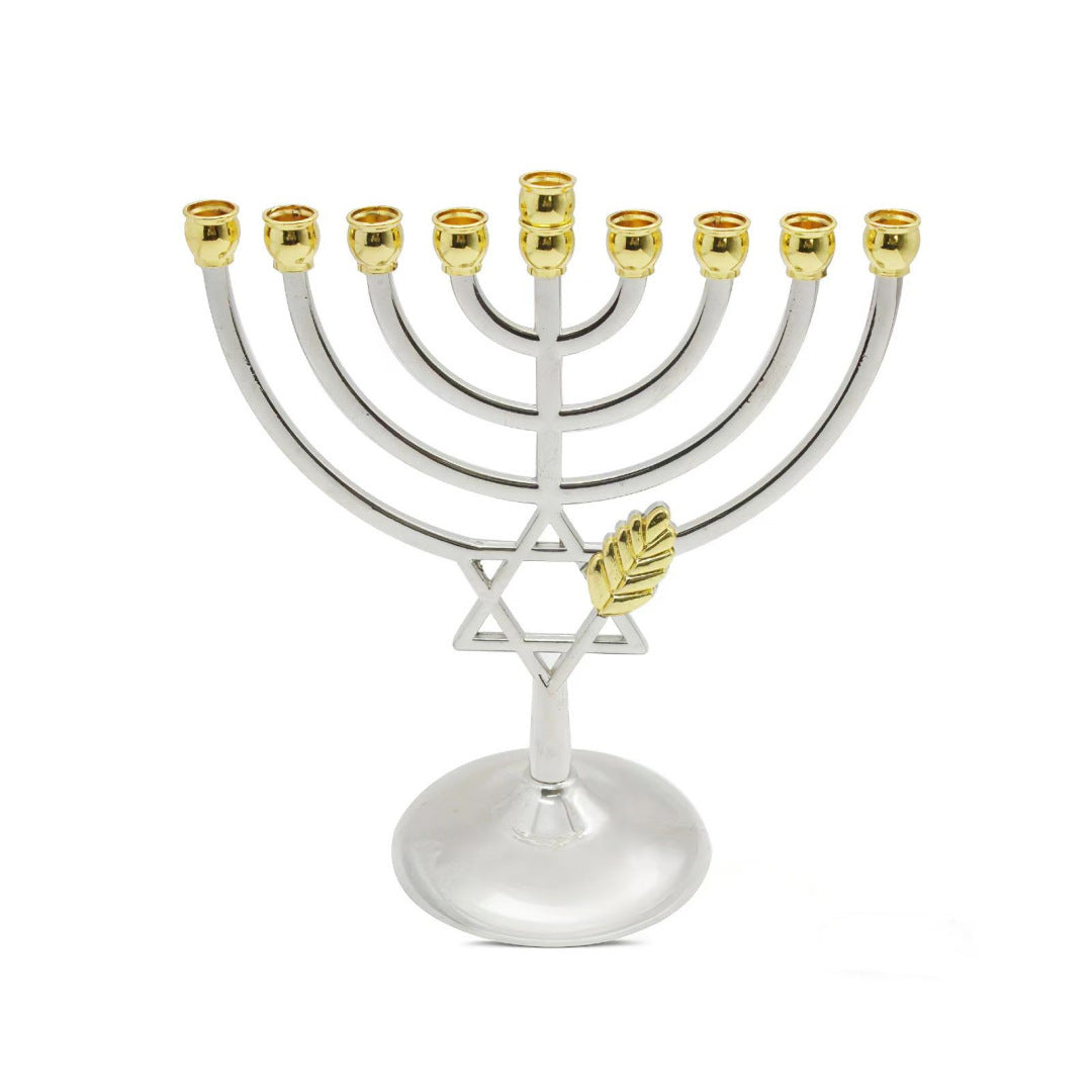 Silver & Gold Star of David Hanukkah Menorah with Wheat, 18 cm Tall