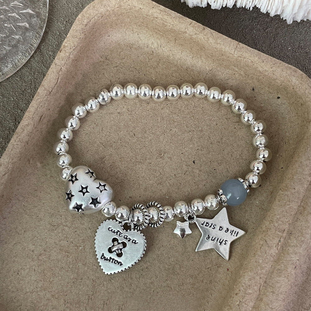 Heart & Star Beaded Bracelet in 925 Sterling Silver