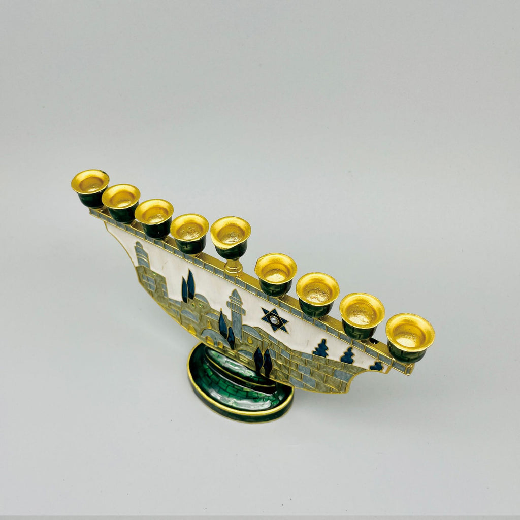 Designer Jerusalem Hanukkah Menorah, Enamel Old City Scene with Star of David