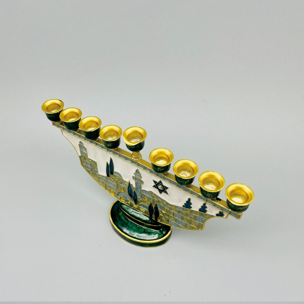 Designer Jerusalem Hanukkah Menorah, Enamel Old City Scene with Star of David