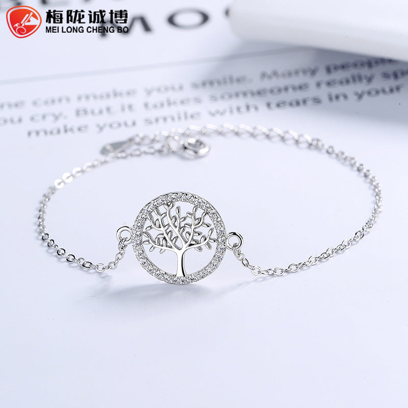 Tree of Life Bracelet in 925 Sterling Silver, Cubic Zirconia Circle