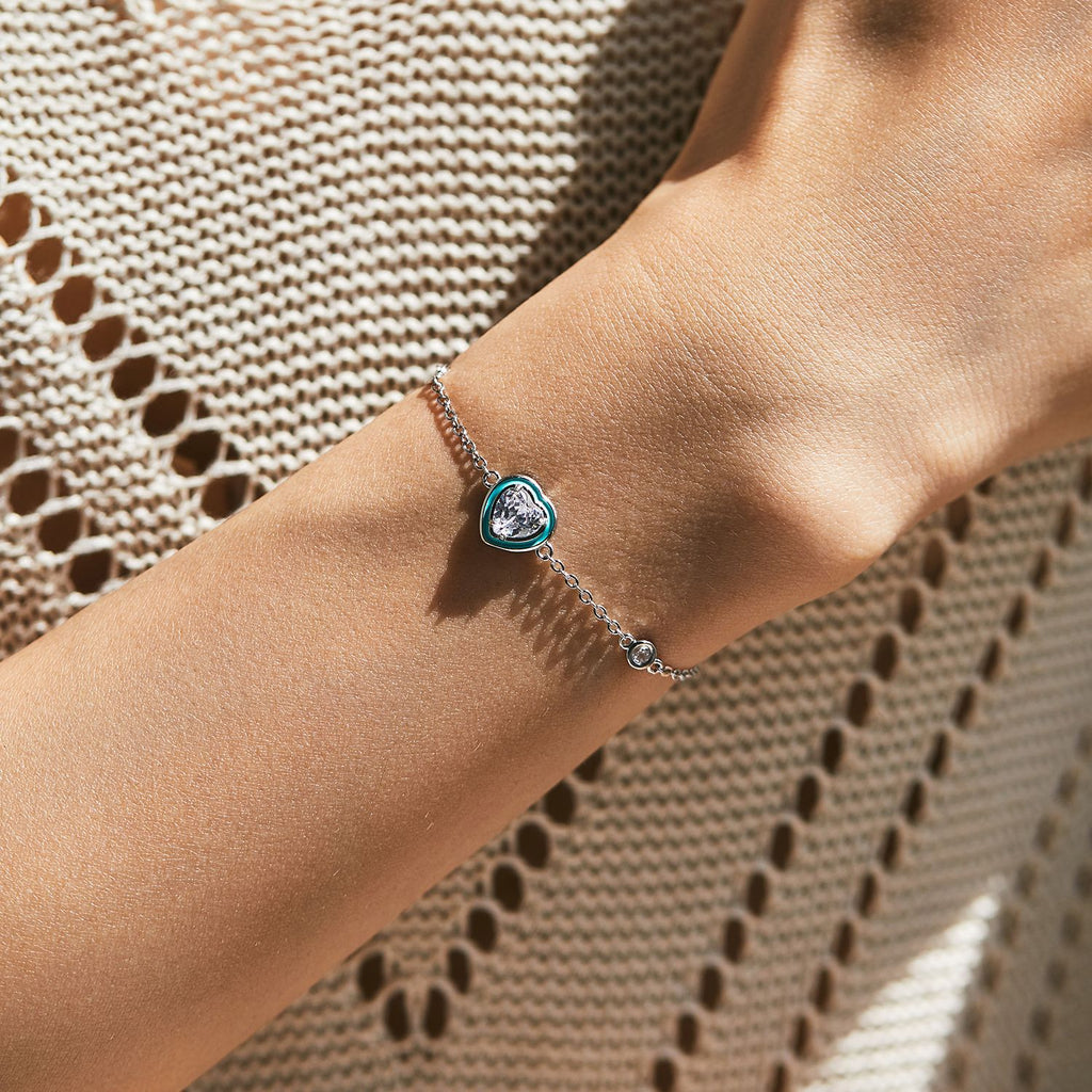 Enamel Heart Bracelet in 925 Sterling Silver, Mint Heart with Crystal Stations