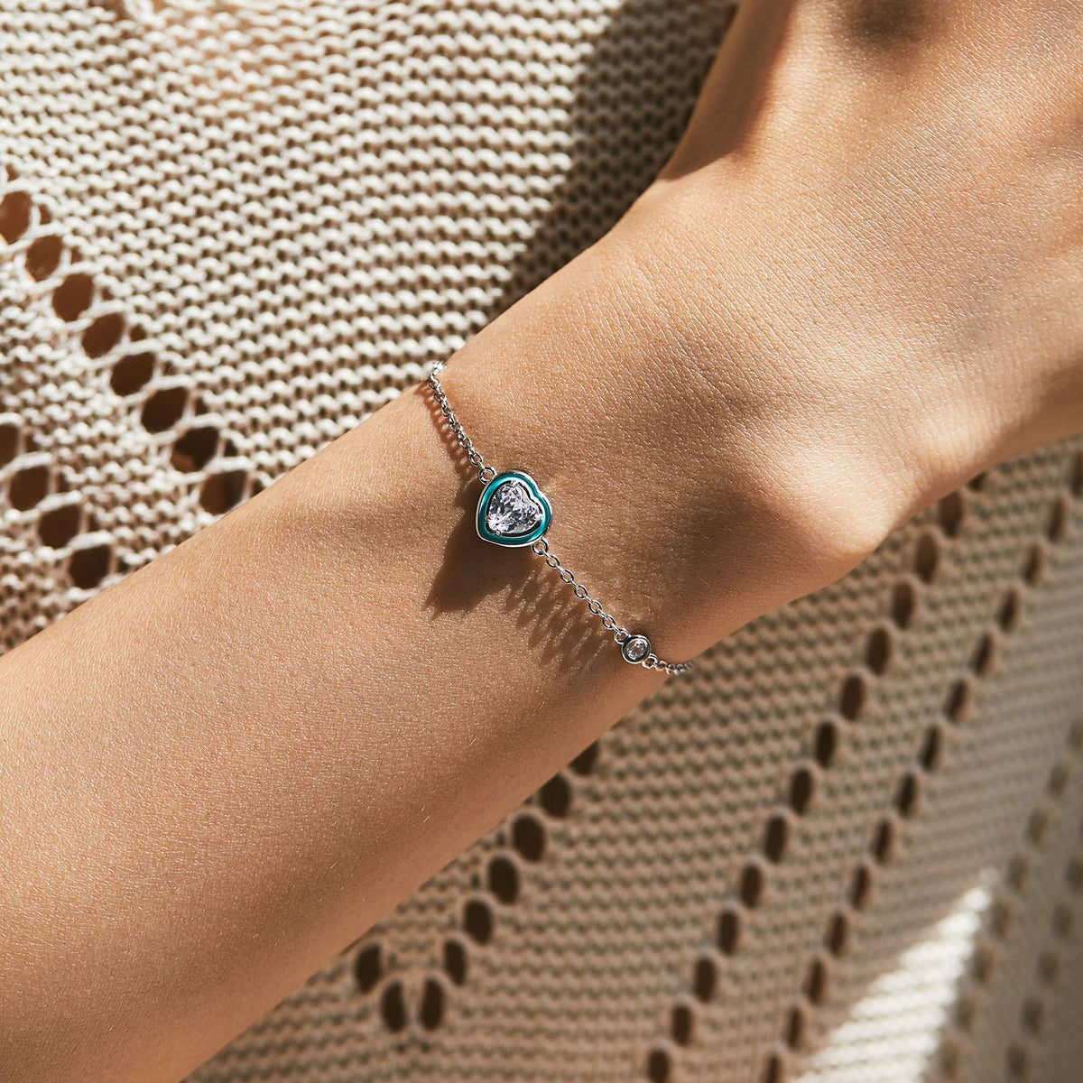 Enamel Heart Bracelet in 925 Sterling Silver, Mint Heart with Crystal Stations