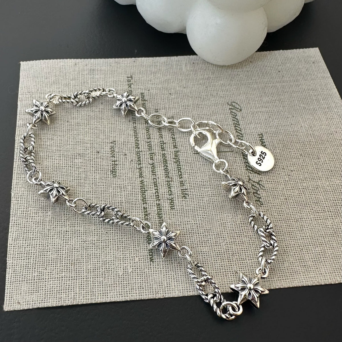 Star Link Bracelet in 925 Sterling Silver, Oxidized Six-Pointed Stars