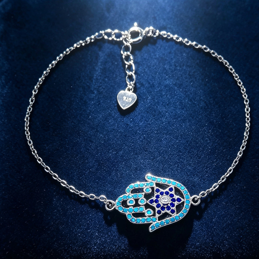 Hamsa Bracelet in 925 Sterling Silver, Turquoise & Blue Crystal