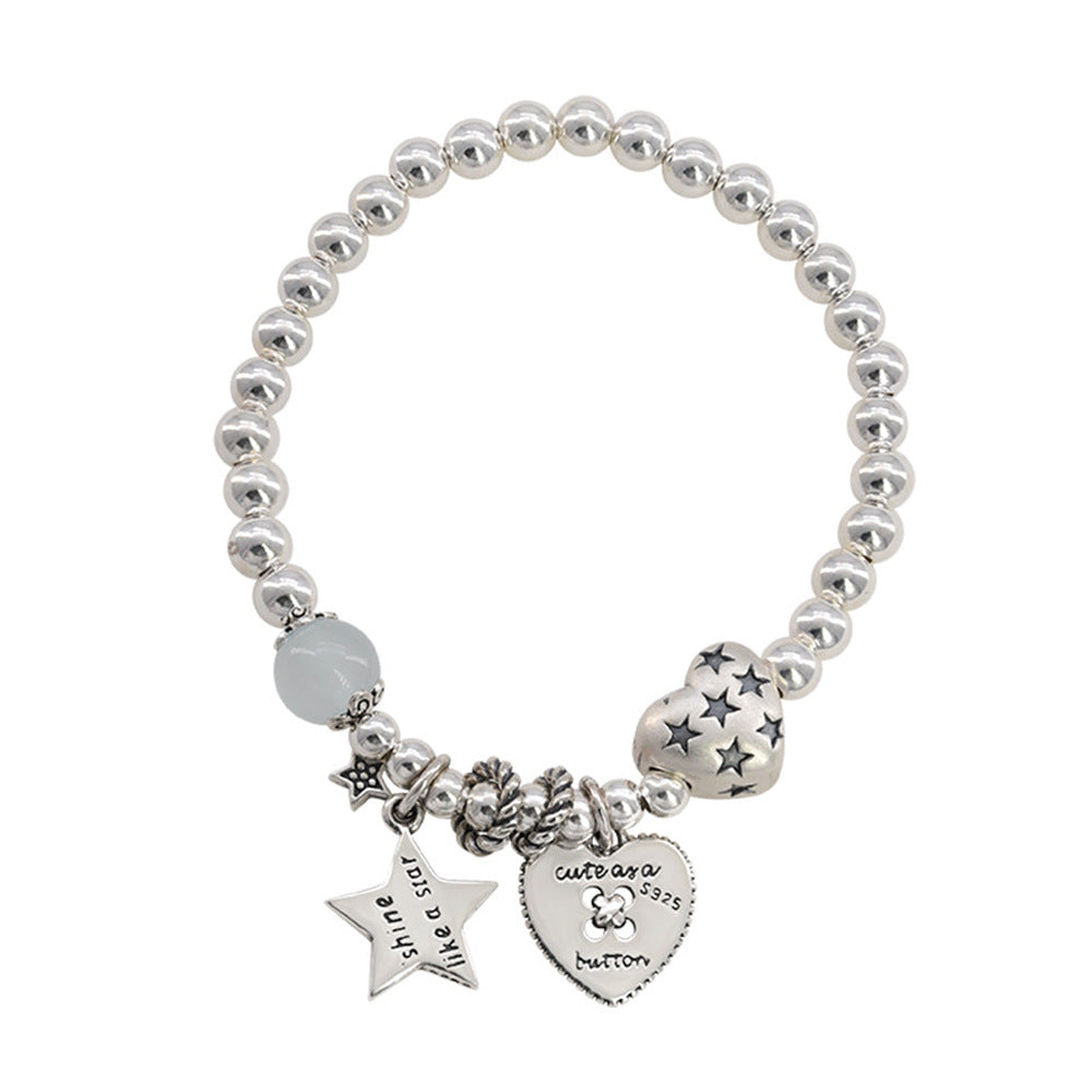 Heart & Star Beaded Bracelet in 925 Sterling Silver