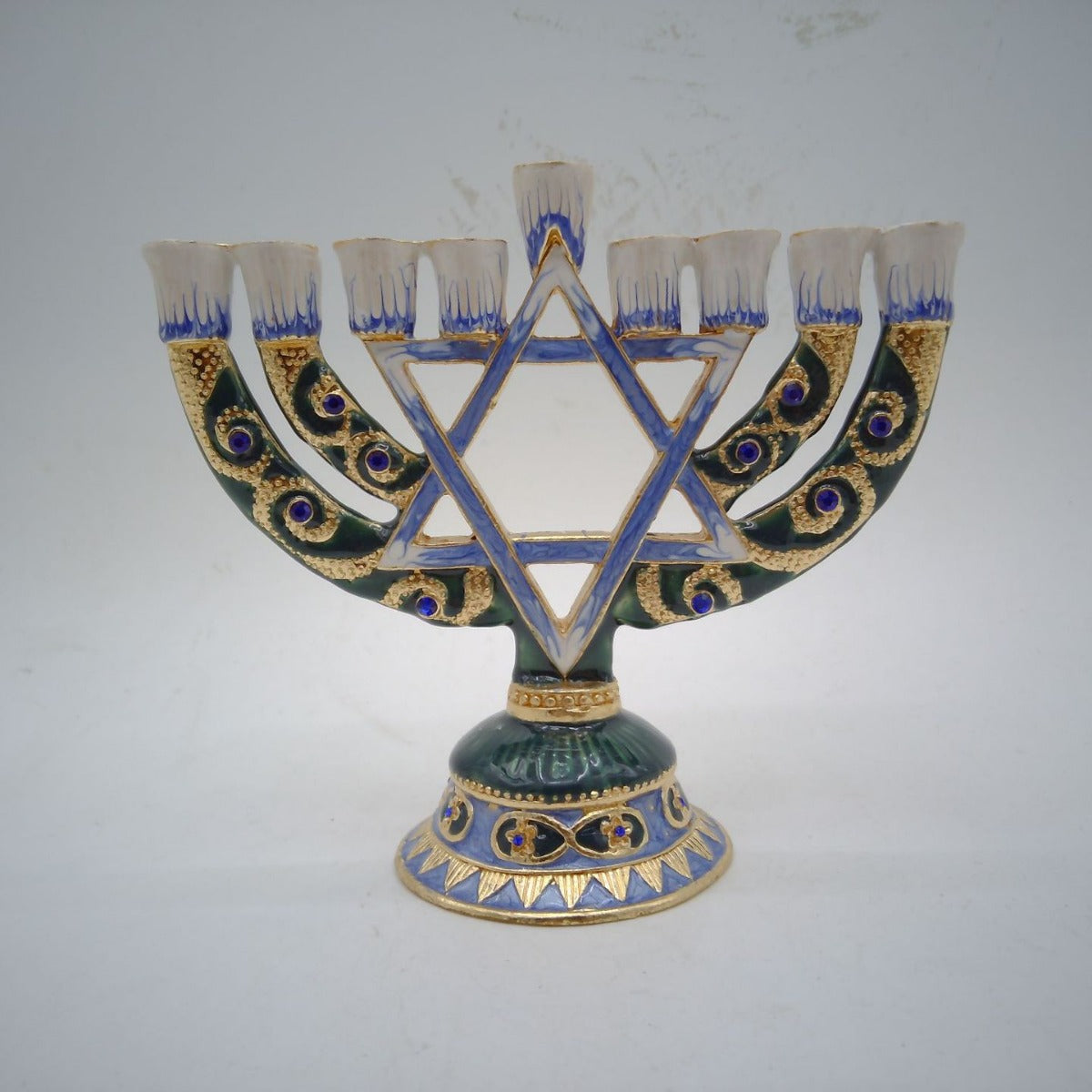 Designer Blue Enamel Hanukkah Menorah with Star of David, 16 cm Tall