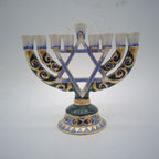 Designer Star of David Hanukkah Menorah, Blue & Gold Enamel, 14 cm Tall