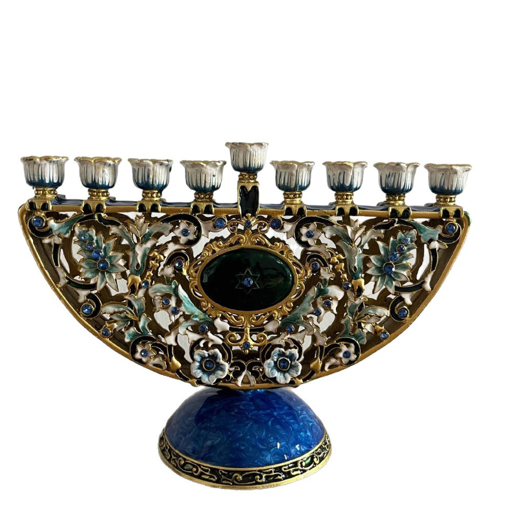 Designer Arch Hanukkah Menorah, Blue Base & Floral Enamel, 19 cm Tall
