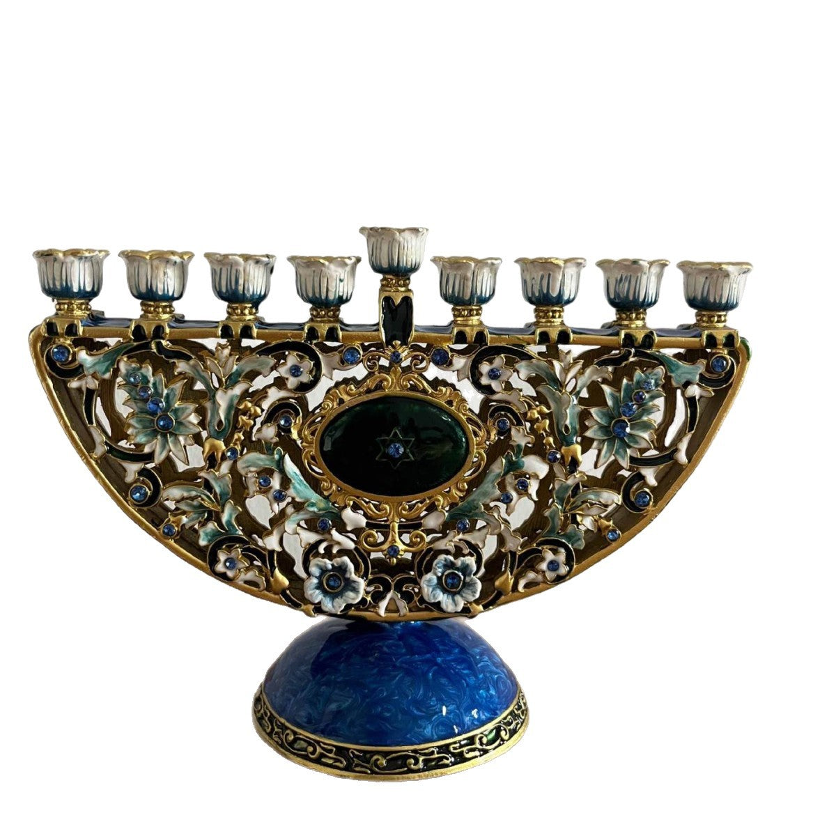 Designer Arch Hanukkah Menorah, Blue Base & Floral Enamel, 19 cm Tall