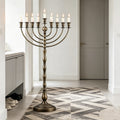 Grand Floor Menorah for Hanukkah, Antique Bronze Iron, 81 cm Tall