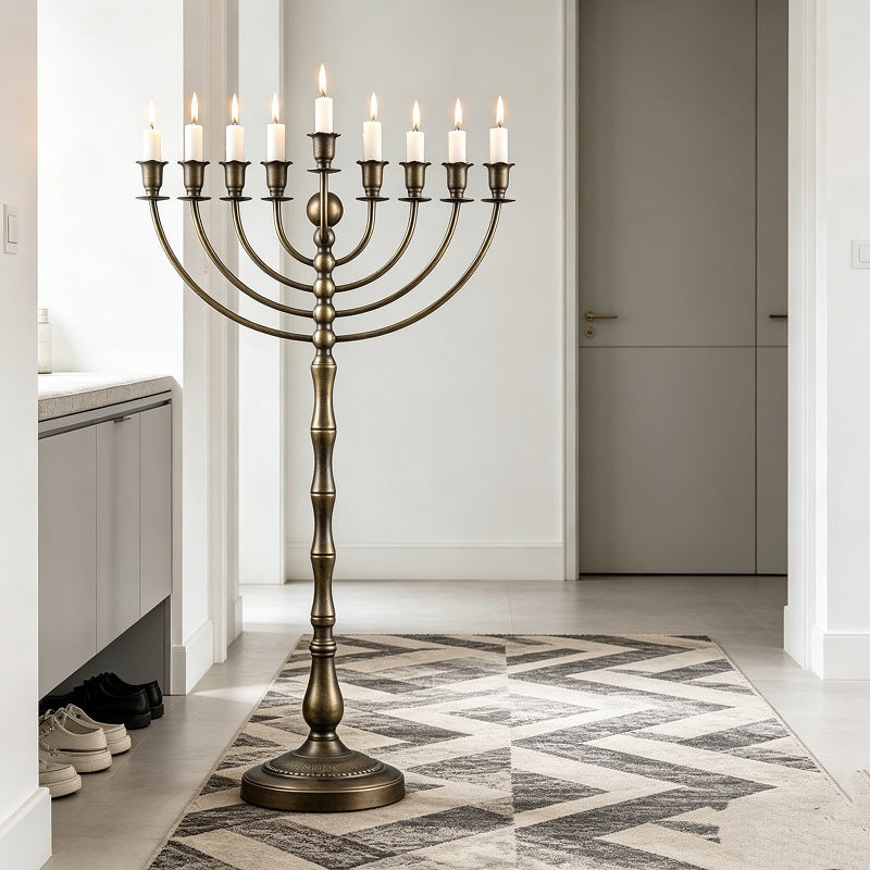 Grand Floor Menorah for Hanukkah, Antique Bronze Iron, 81 cm Tall