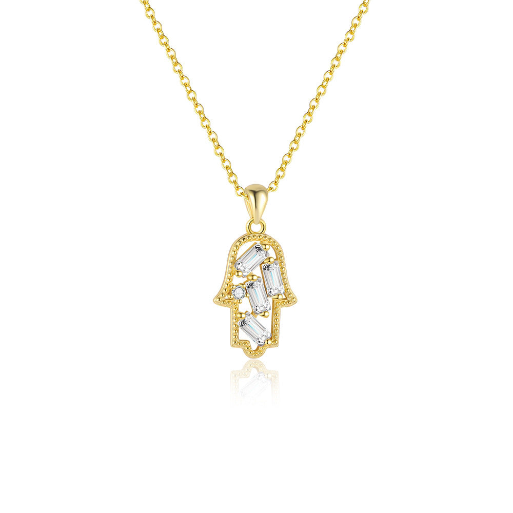 Hamsa Necklace in Gold Plated 925 Sterling Silver, Dainty Pavé