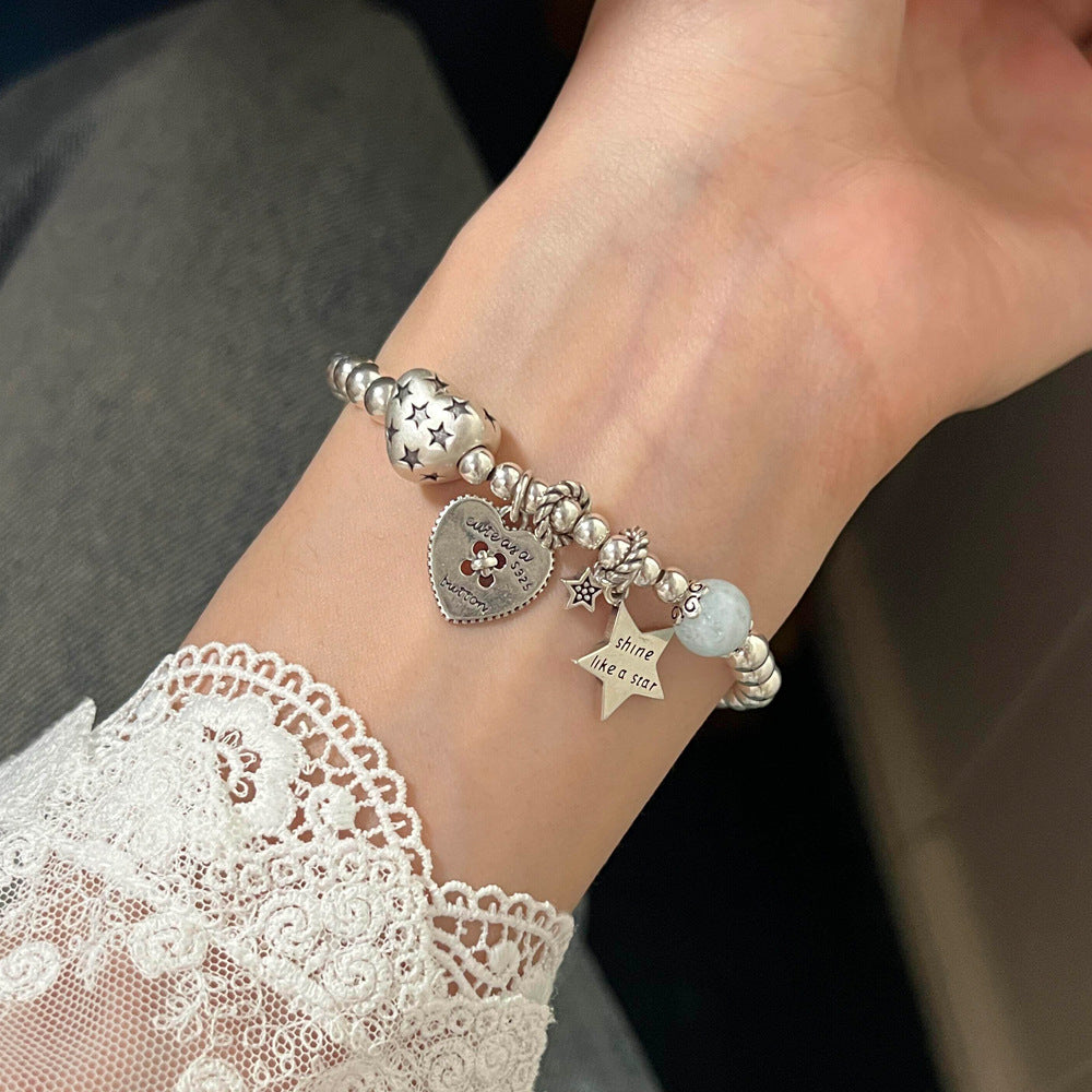 Heart & Star Beaded Bracelet in 925 Sterling Silver