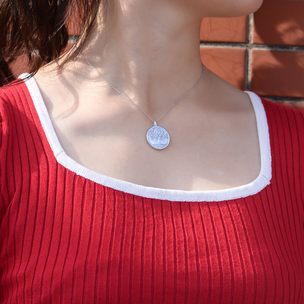 Tree of Life Necklace in 925 Sterling Silver, Shell Disc Pendant