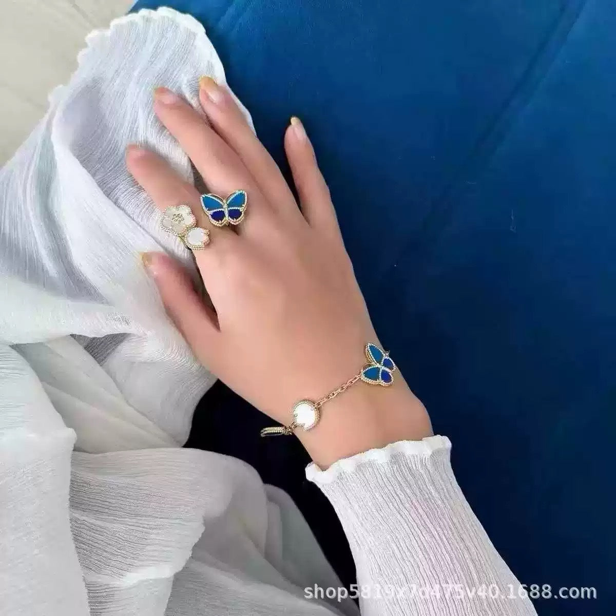 Butterfly & Flower Ring in 925 Sterling Silver, Blue Enamel