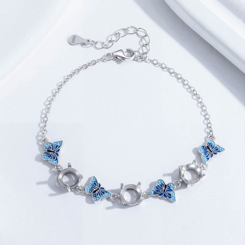 Blue Butterfly Link Bracelet in 925 Sterling Silver, Enamel Butterflies