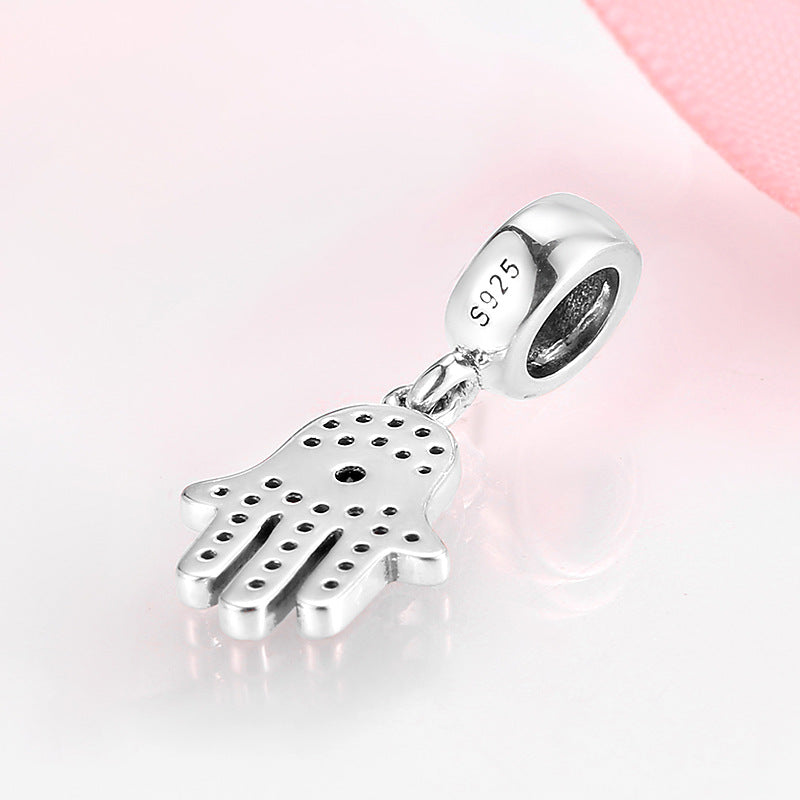 Hamsa Charm Necklace in 925 Sterling Silver, Blue Crystal Evil Eye
