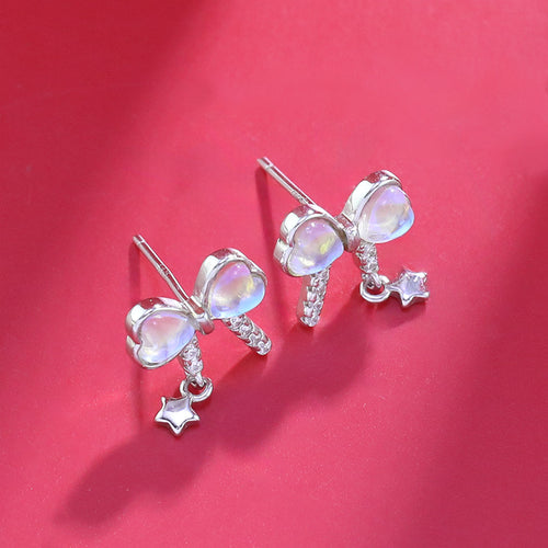 Bow Earrings in 925 Sterling Silver, Pastel Crystal with Star Drop