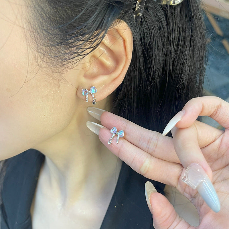 Bow Earrings in 925 Sterling Silver, Pastel Crystal with Star Drop