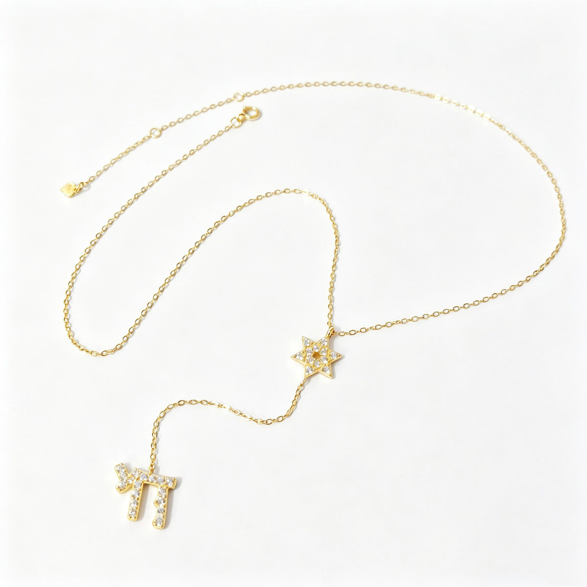 Star of David & Chai Lariat Necklace in Gold Plated 925 Sterling Silver, Cubic Zirconia