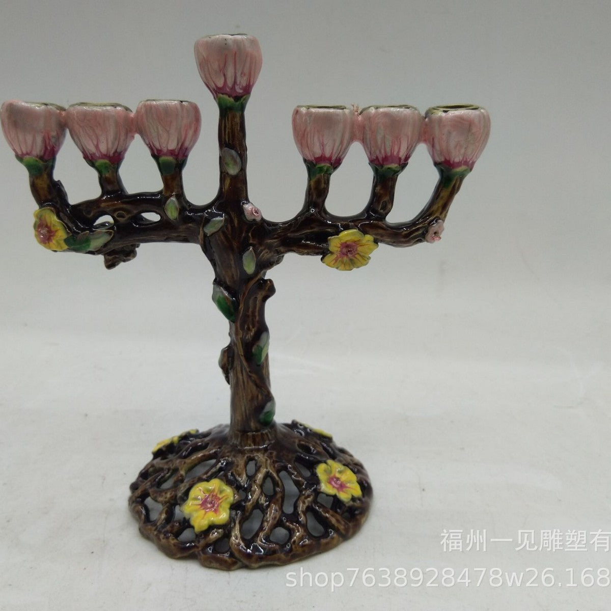 Designer Tree Branch Hanukkah Menorah, Bronze with Pink Blossom Cups, 13 cm Tall
