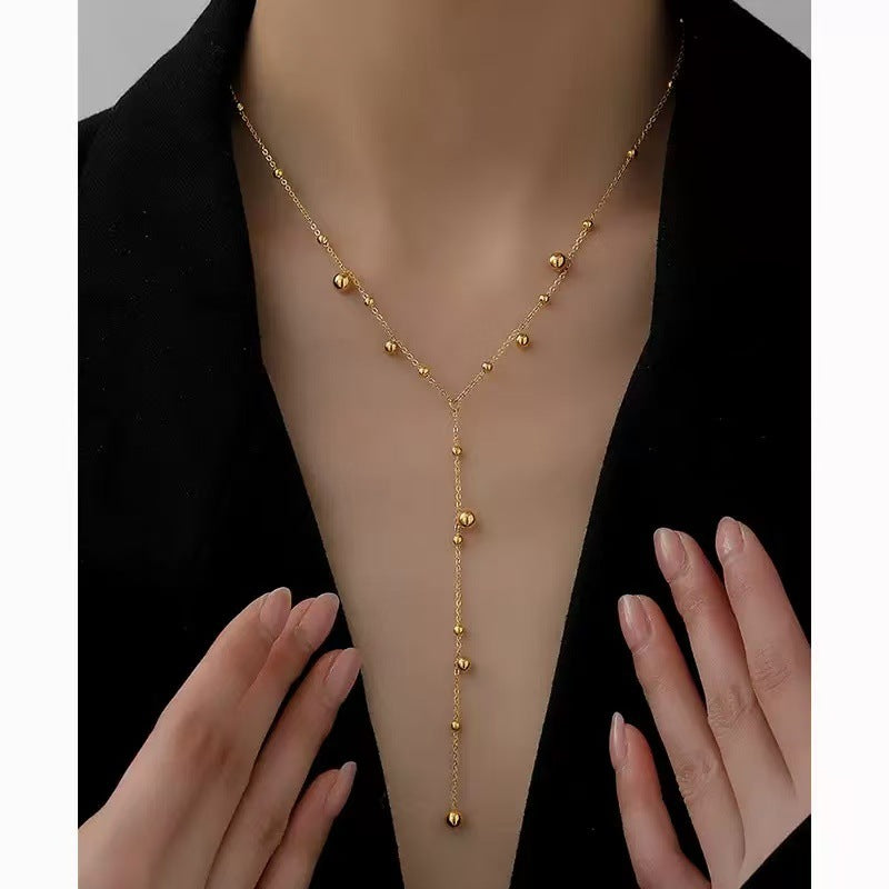 Y Necklace with Ball Beads in 18K Gold-Plated Stainless Steel