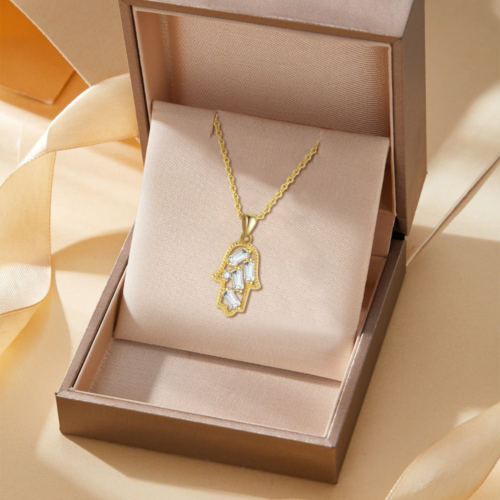 Hamsa Necklace in Gold Plated 925 Sterling Silver, Dainty Pavé