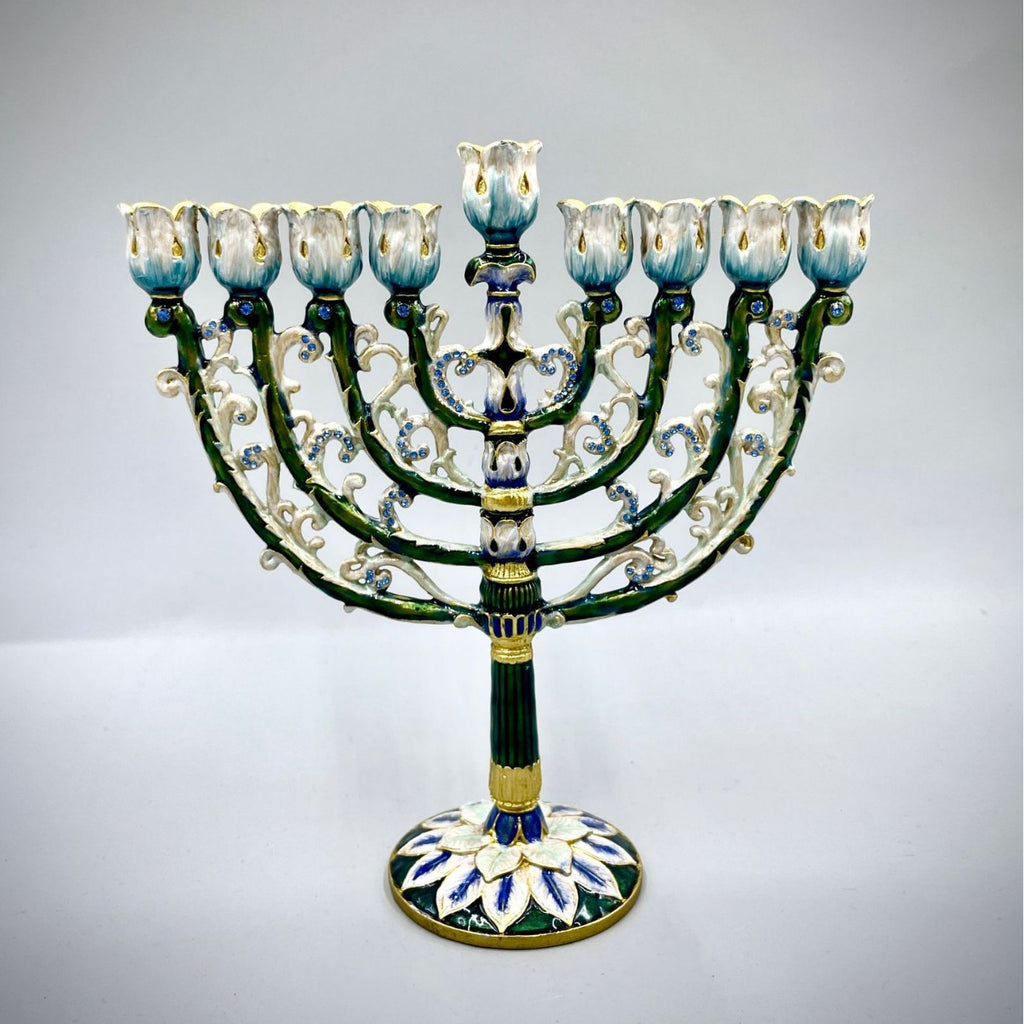 Designer Enamel Hanukkah Menorah, Green & White with Crystal Accents, 16 cm Tall