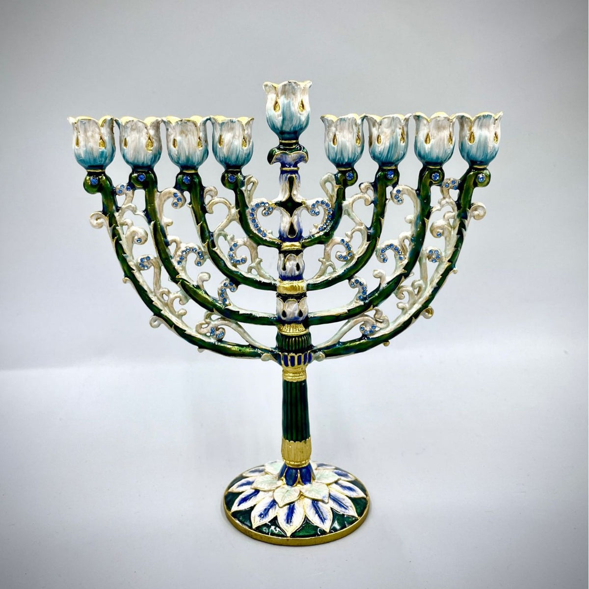Designer Enamel Hanukkah Menorah, Green & White with Crystal Accents, 16 cm Tall