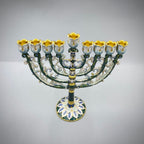 Designer Enamel Hanukkah Menorah, Green & White with Crystal Accents, 16 cm Tall