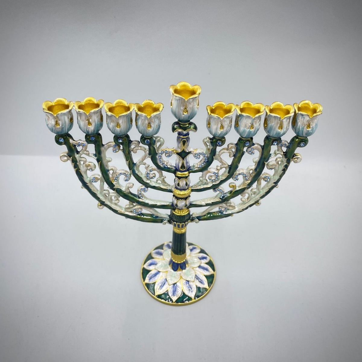 Designer Enamel Hanukkah Menorah, Green & White with Crystal Accents, 16 cm Tall