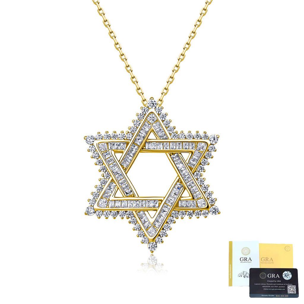 Star of David Necklace with Moissanite in Gold Plated 925 Sterling Silver, GRA Certified
