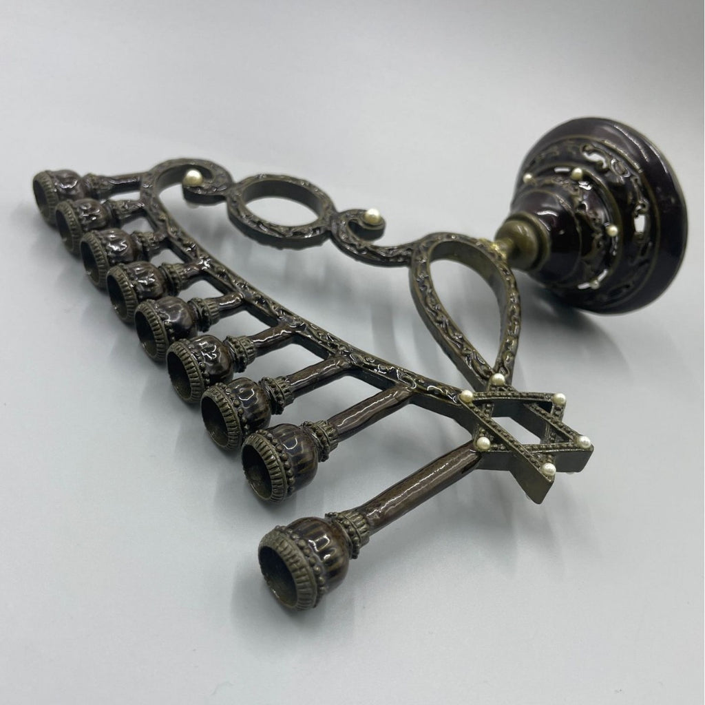 Antique Bronze Hanukkah Menorah, Scroll Design, 17 cm Tall
