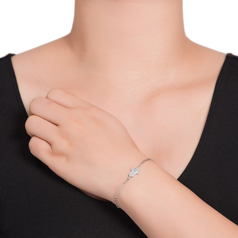 Hamsa Bracelet in 925 Sterling Silver, Pavé Cubic Zirconia Charm