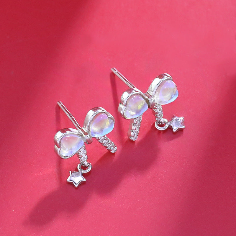 Bow Earrings in 925 Sterling Silver, Pastel Crystal with Star Drop