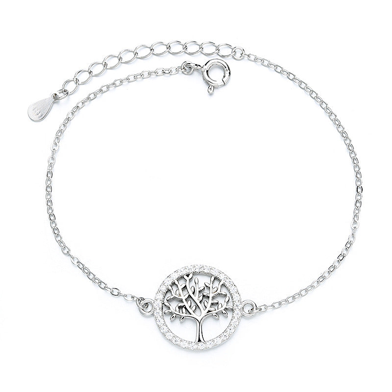 Tree of Life Bracelet in 925 Sterling Silver, Cubic Zirconia Circle