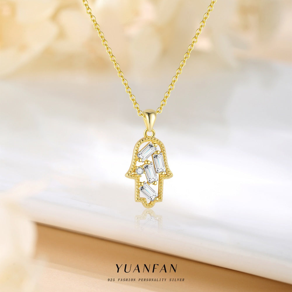 Hamsa Necklace in Gold Plated 925 Sterling Silver, Dainty Pavé