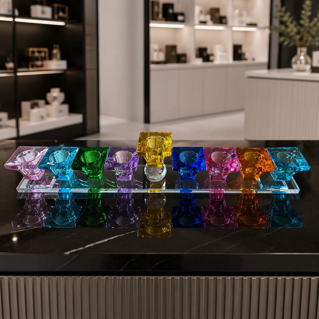 Designer Crystal Glass Hanukkah Menorah, 9 Cups, Clear, Amber or Rainbow