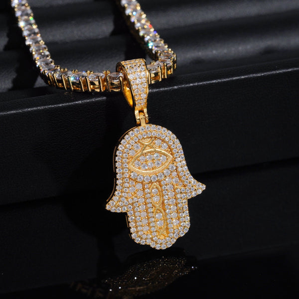 Hamsa Hand Necklace with Pavé Moissanite in Gold Plated 925 Sterling Silver, Evil Eye