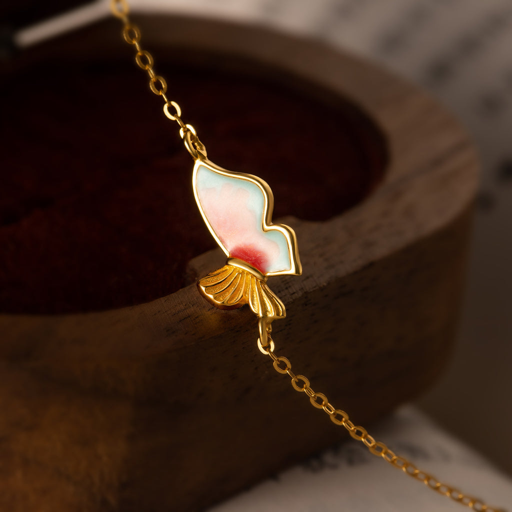 Enamel Butterfly Bracelet in Gold Plated 925 Sterling Silver, Pink Gradient
