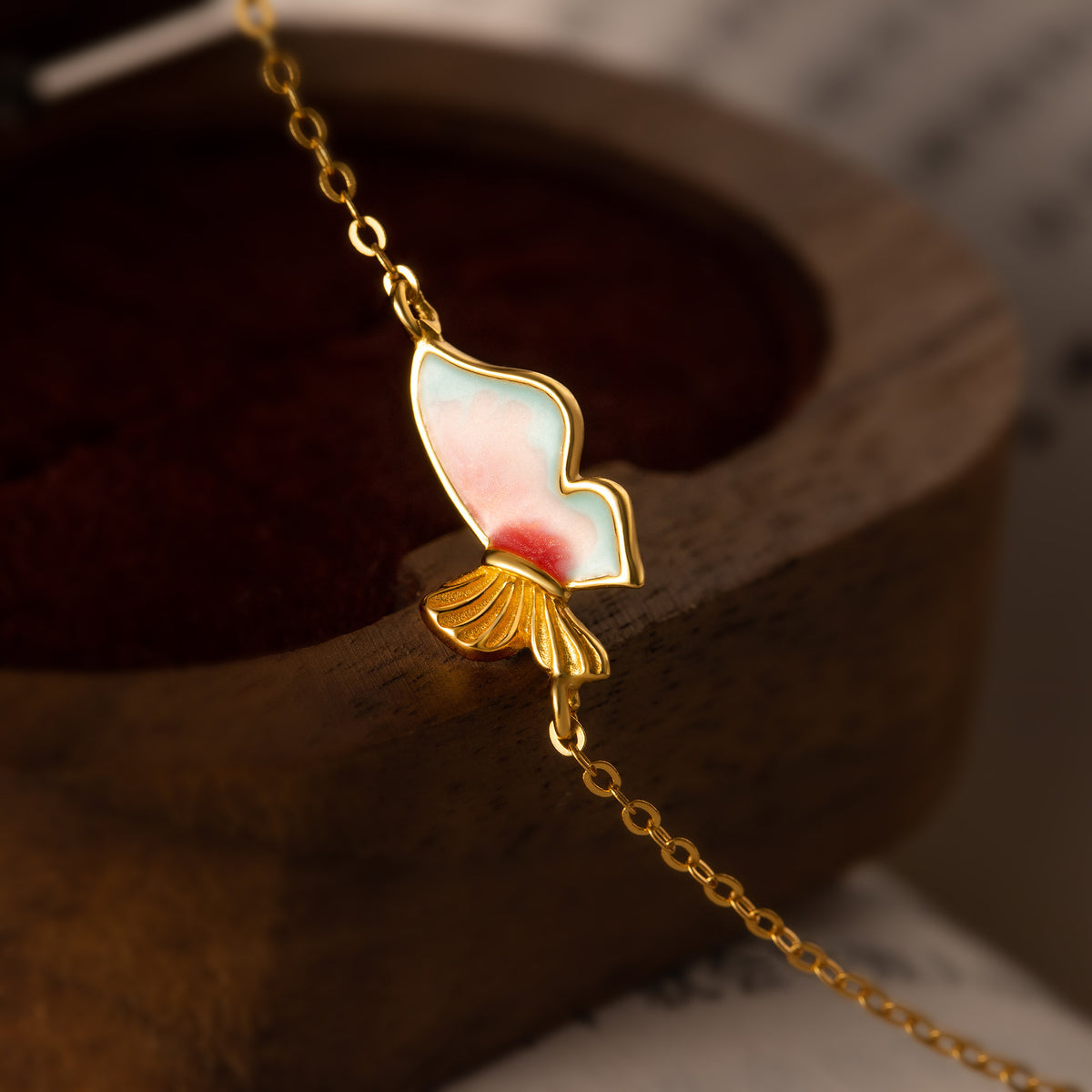 Enamel Butterfly Bracelet in Gold Plated 925 Sterling Silver, Pink Gradient